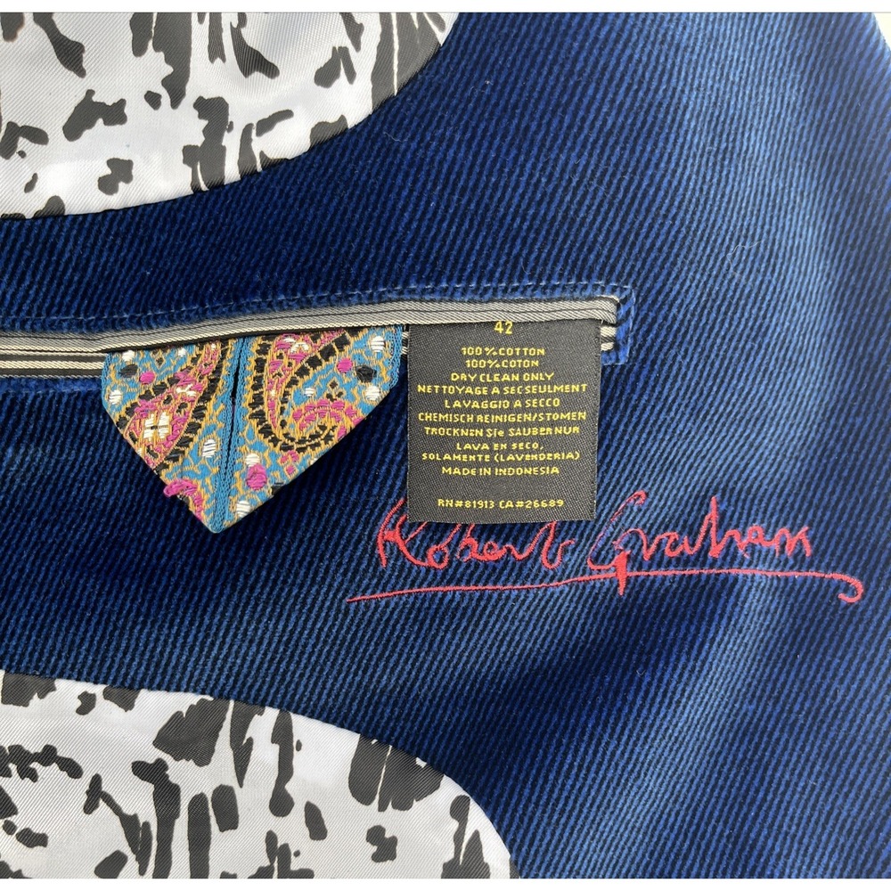 Robert Graham Luxury Cobalt Blue Velvet Corduroy Blazer Sports Coat Cotton Sz 42 - Picture 10 of 13